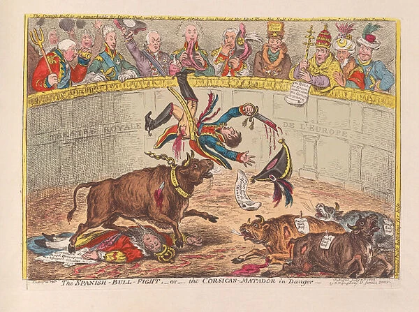 The Spanish Bull Fight or the Corsican Matador in Danger, pub. 1805 (hand coloured engraving)