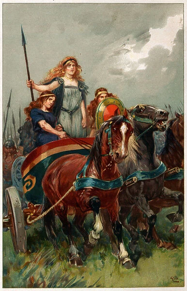 Spear in hand, Boadicea led them to attack, illustration from