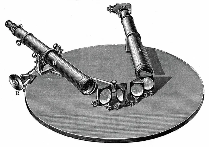 Framed Print : Spectroscope, 1872. Instrument of the type developed by Robert Bunsen (1811-1899) and Robert Kirchhoff (1824-1887) during the 1850s Framed Print : Spectroscope, 1872. Instrument of the type developed by Robert Bunsen (1811-1899) and Robert Kirchhoff (1824-1887) during the 1850s