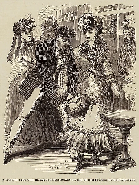 A spirited shop girl resents the customary search of her satchel by her employer (engraving)