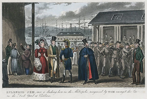 Splendid Jem, recognised by Tom amongst the convicts in the Naval Dock Yard at Chatham, 1821 (engraving)