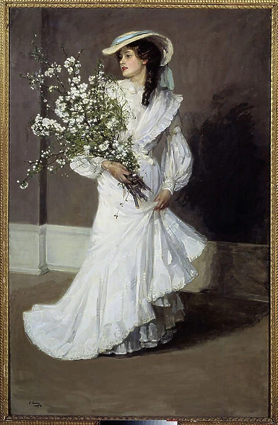Spring. Allegory of spring: portrait of a woman clothed in white with a bouquet of flowers. Painting by Sir John Lavery (1856-1941), 1904. Oil on canvas. Dim: 1, 91 x 1, 23m. Paris, Musee d'Orsay