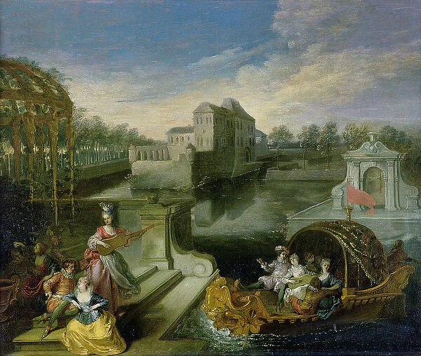The Spring: Fete Champetre in a Water Garden with Figures in a Boat (oil on canvas)