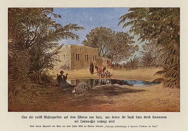 One of the Twelve Springs of Moses on the Isthmus of Suez, Egypt (colour litho)