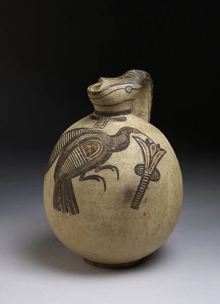 Squat bichrome jug in free-field style with image of bird picking a lotus flower