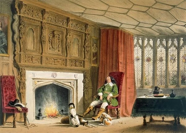 Squire with his dogs by the hearth, Southam Delabere, Gloucestershire