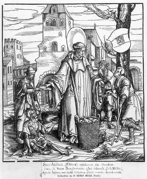 St. Adelard (c. 752-827) distributing alms (engraving) (b  /  w photo)