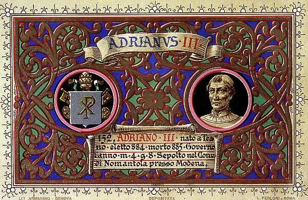 St. Adrien III (Adriano III), Pope elected in 884 died in 885. Pious image. Chromolithography, Rome, October 1903