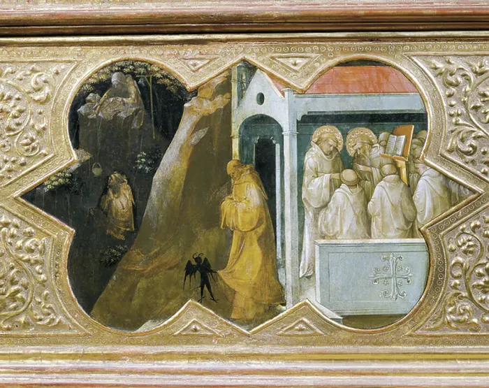 Framed Print : St. Benedict tempted by devil founding his palace, detail of predella of Coronation of Virgin, 1414, by Lorenzo Monaco (circa 1370-1425), tempera on panel, 450x350 cm