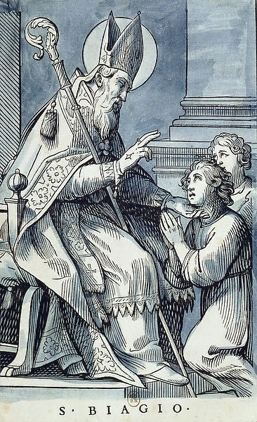 St. Blaise curing a sick child (coloured engraving)