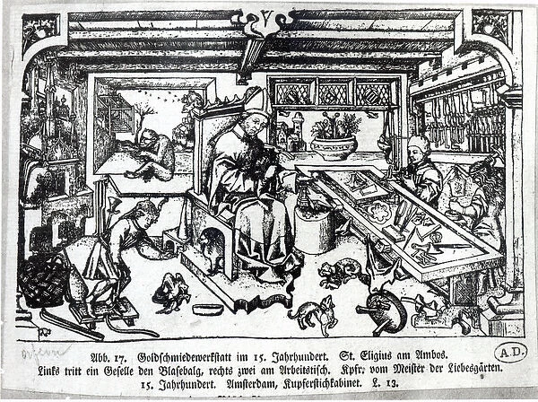 St. Eligius (c. 588-660) as a goldsmith in his workshop, c. 1450 (engraving) (b  /  w photo)