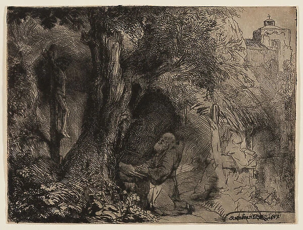 St. Francis Beneath a Tree Praying, 1657 (etching and drypoint on ivory laid paper)