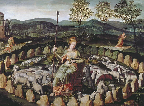 St. Genevieve Guarding her Flock (oil on panel)