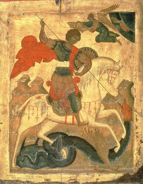 St. George and the Dragon (tempera on fabric, gesso, and wood)
