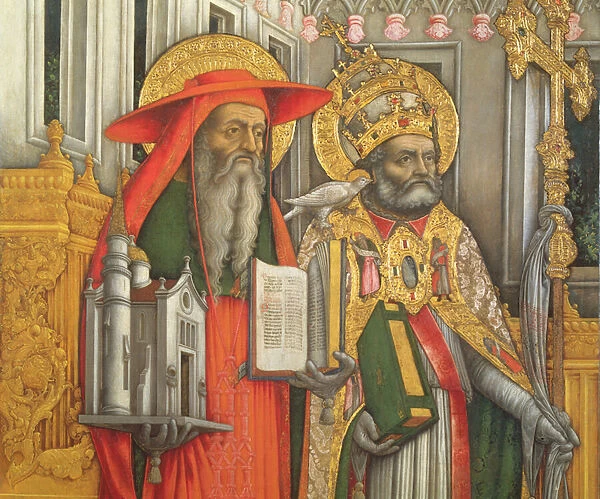 St. Jerome and St. Gregory, detail of left panel from The Virgin Enthroned with Saints