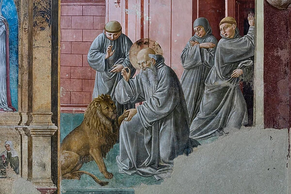 Detail with St. Jerome taking the thorn from the lions paw, Chapel of St. Jerome, 1452 (fresco)