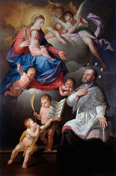St John of Nepomuk with the virgin and child (oil on canvas, 17th century)