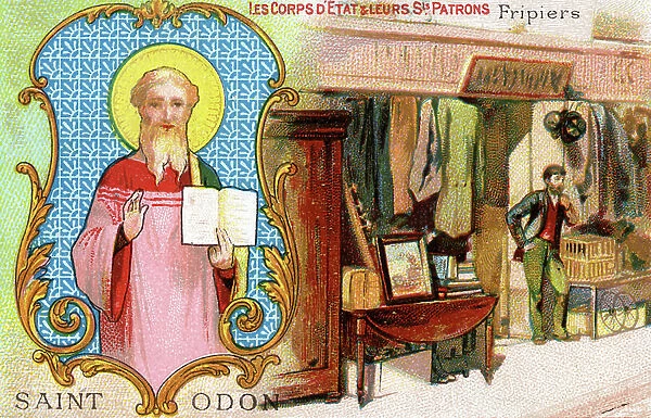 St. Odo of Canterbury, Patron saint of dealers in antiques and old clothes, c. 1910 (colour litho)