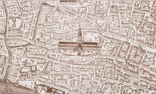 St Pauls and its vicinity, at the time of Henry VIII (litho)