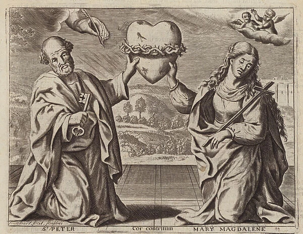 St Peter and Mary Magdalene mourning the death of Jesus Christ (engraving)