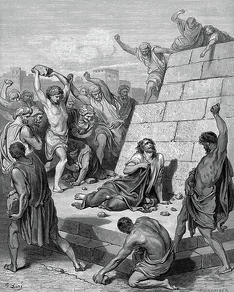 St Stephen, the first Christian martyr, found guilty of blasphemy by the Sanhedrin, supreme council of the Jews and stoned to death. Acts 7. 57. Illustration by Gustave Dore (1832-1883) French artist and illustrator for The Bible (London 1866)