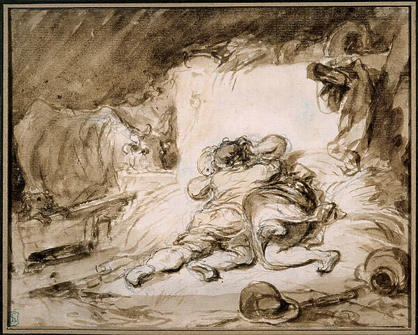 The stable A couple embraces on a haystack. Drawing in the wash by Jean Honore Fragonard