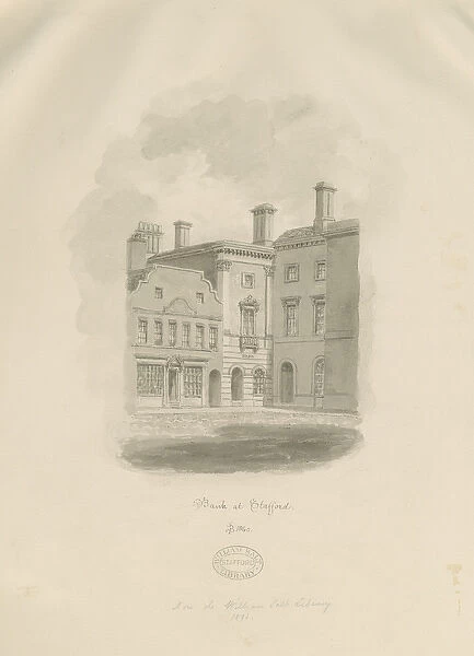 Stafford - Old Bank in Market Square: sepia drawing, 1840 (drawing)
