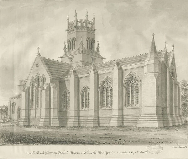 Stafford - St. Marys Church: sepia drawing, 1844 (drawing)