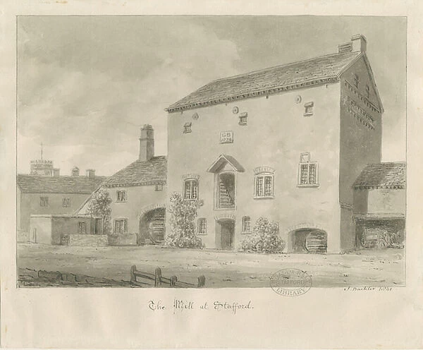 Stafford - Water Mill: sepia wash drawing, 1841 (drawing)