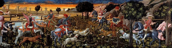 Stag hunting scene. Detail. Anonymous painting of the Florentine School. 1450-1460