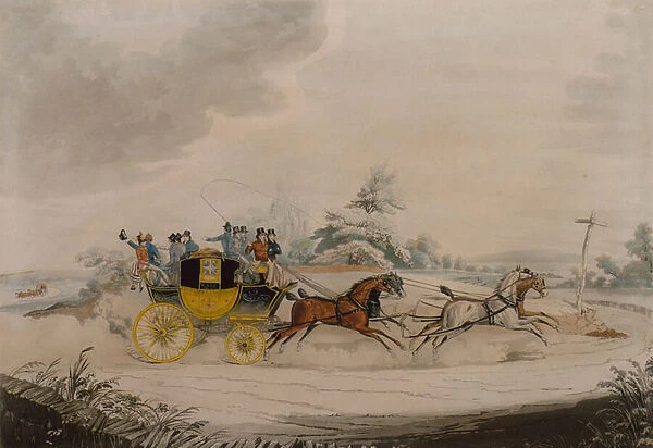 Stage Coach and Opposition coach in sight (coloured engraving)