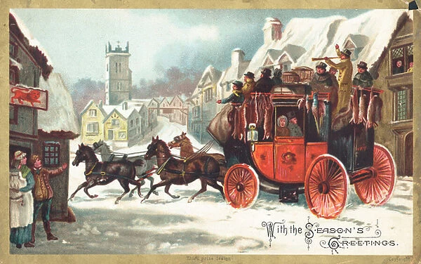 Stage Coach in the snow, Christmas Card (chromolitho)