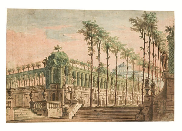 A stage design of a palace garden (pen and brown ink, watercolor)