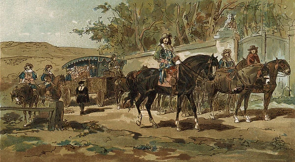 Stagecoach and escort, Spanish Netherlands, early 17th Century (colour litho)