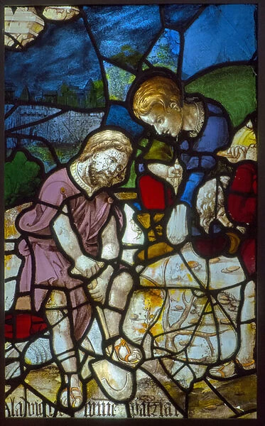 Stained glass, the patriarchs planting the vine (theme of the mystic press