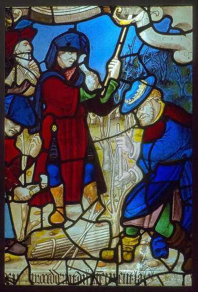 Stained glass, the prophets carving the vine (theme of the mystic press around 1540)