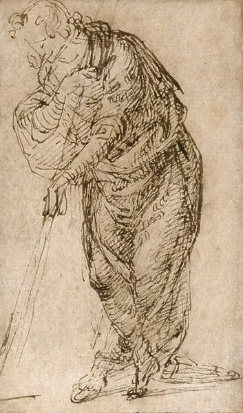 Standing Figure Leaning on a Staff, c. 1510 (pen & brown ink on tan laid paper