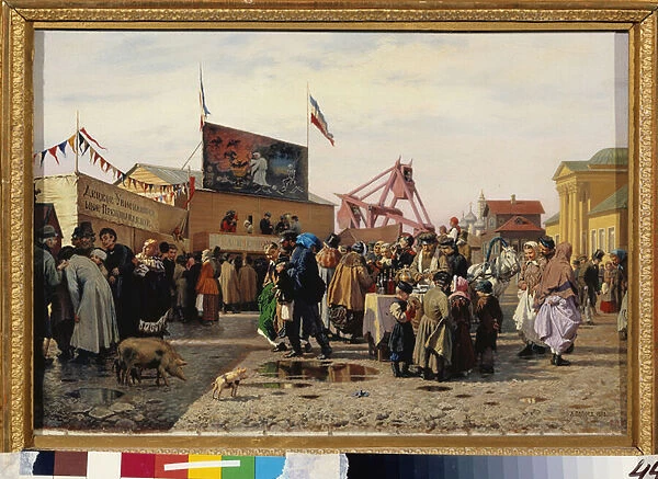Stands forains du marche oriental de Toula (Russie). Peinture de Andrei Andreyevich Popov (1832-1896), huile sur toile, 1868. Art russe 19e siecle. State Russian Museum, Saint Petersbourg