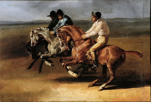 Start of the horse race with horsemen (Oil on canvas, 19th century)
