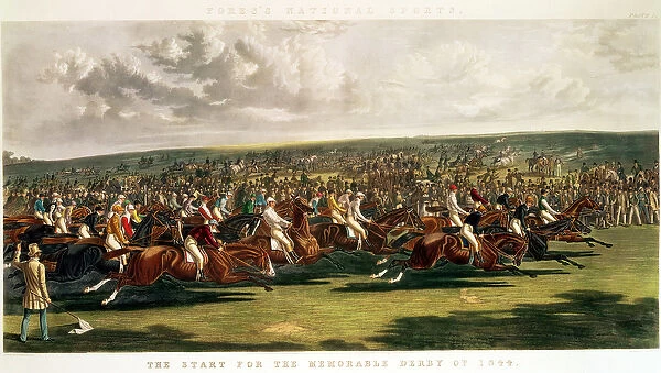 The Start of the Memorable Derby of 1844, engraved by Charles Hunt (1803-77) (colour