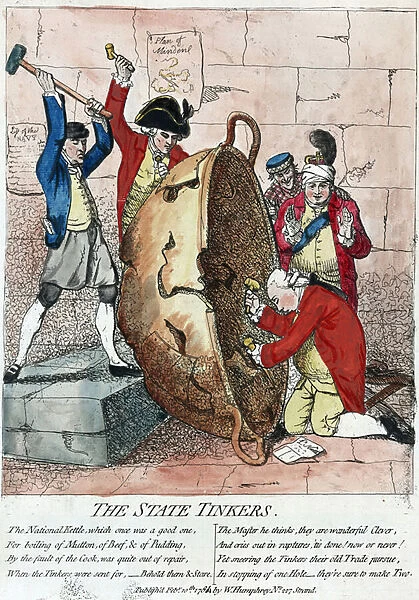 The State Tinkers, James Gillray 1780. Lord North, British Prime Minister, kneels, Lord Sandwich and assistant patch up the kettle of state. George III looks on, hands raised. North forced out of office on motion of confidence, 1782