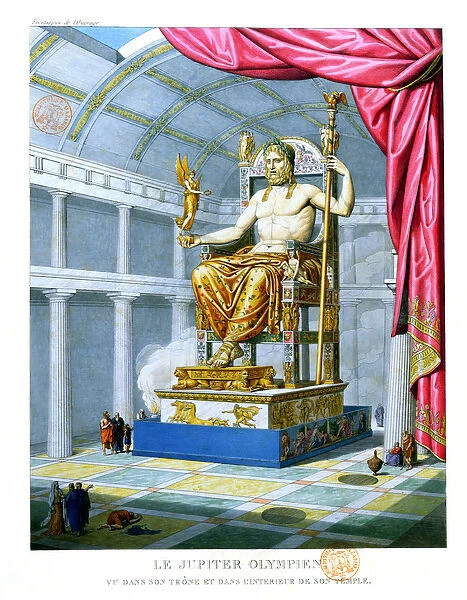 Statue of Olympian Zeus on his throne inside his temple at Olympus, 1814 (colour litho)