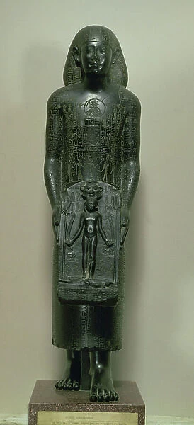 Statue of Padimahes, priest of Bastet, with magical texts for healing, 30th Dynasty or early Ptolemaic Period, 380-c. 300 BC (basalt)