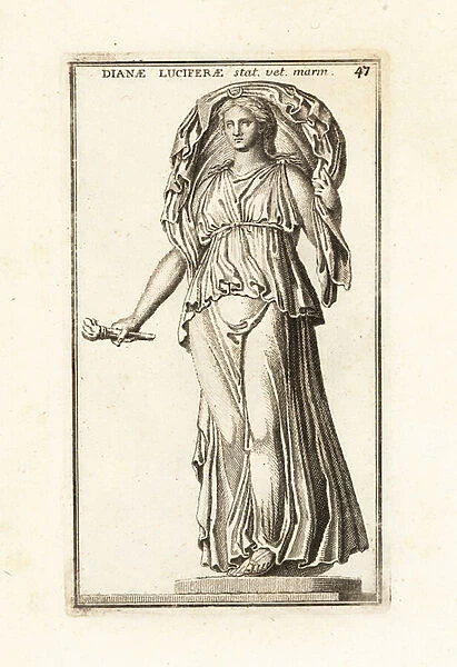 Statue of Roman moon goddess Luna holding a torch. 1779 (engraving)