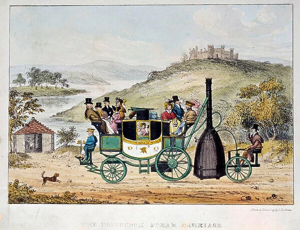 Steam diligence model linking Glasgow to Edinburgh, Scotland and invented by John Scott Russell around 1834. Engraving of the 19th century