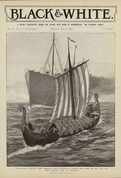 A steamer and Norwegian Viking ship on its way to the World's Columbian Exposition, Chicago, USA (engraving)
