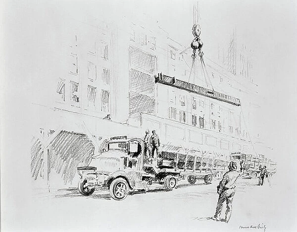 Steel beam being winched up from the truck, to be used in the construction of the Empire State Building, published by William Edwin Rudge, 1931 (pencil on paper)