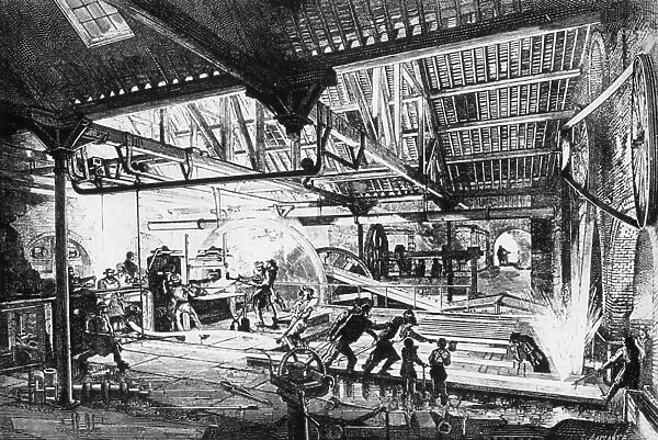 Steel industry in Le Creusot (France) : rolling mills used to make tracks before 1850, engraving after Bonhomme
