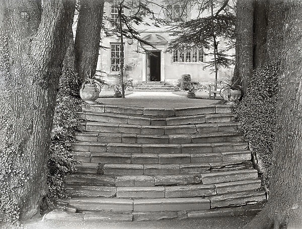 Steps leading to the lower garden on the south front, Canons Ashby, from The English Country House (b / w photo)