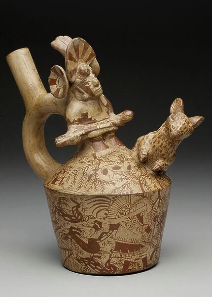 Stirrup-spout vessel with deer hunting scenes, c.450-550 AD(ceramic)